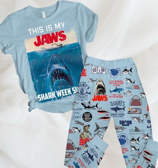 Vintage Jaws Pajamas Set, Jaws 1987 Poster Shirt, Horror Characters Shirt, Shark Movie Tee, Pajamas For Party, Gift For Friends
