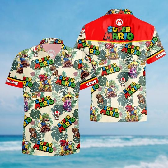 Super Mario Button Shirt, Custom Mario Hawaiian Shirt, Mario Bros Summer Hawaii Shirt, Vintage Video Game Shirt, Gift For Friends