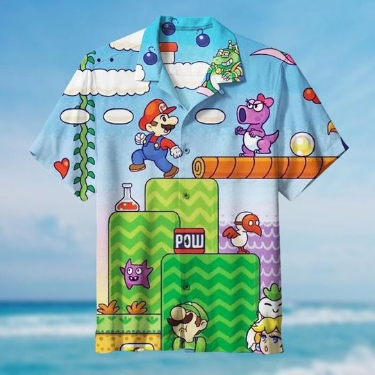 Super Mario Hawaiian Shirt, Supermario Shirt, Mario Bros Summer Hawaii Shirt, Family Summer Shirt, Video Game Shirt, Gift For Friends