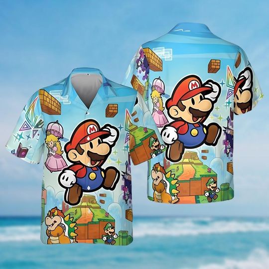Super Mario Hawaiian Shirt, Princess Peach Shirt, Mario Bros Summer Hawaii Shirt, Vintage Video Game Button Up Shirt, Gift For Fan