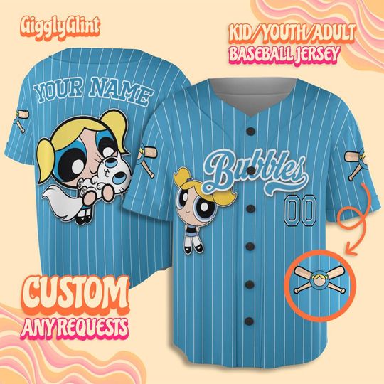 Personalize Bubbles Jersey Blue White, Funny Powerpuff Girls 90s Cartoons, Retro Power Puff Girls Family Jersey, Birthday Gift For Fans
