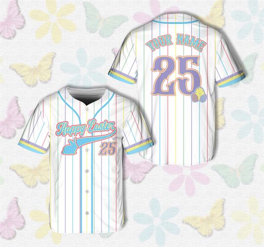 Personalized Name Number Happy Easter Baseball Jersey, Custom Pastel Color Striped Easter Jersey, Easter Family Bunny Shirt, Easter Gift
