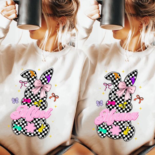 Retro Mama Mini Checkered Bunny Sweatshirt | Easter Day Shirt | Cute Easter Day | Bunny Shirt