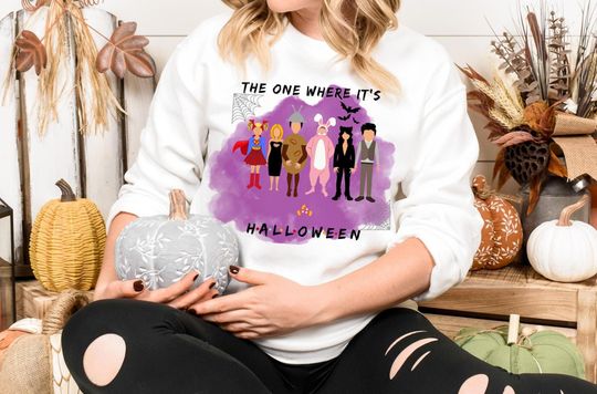 Friends TV Show The One Where is Halloween Crew Neck Sweatshirt Sweater Soft Vintage Gift Fans Exclusive Design White