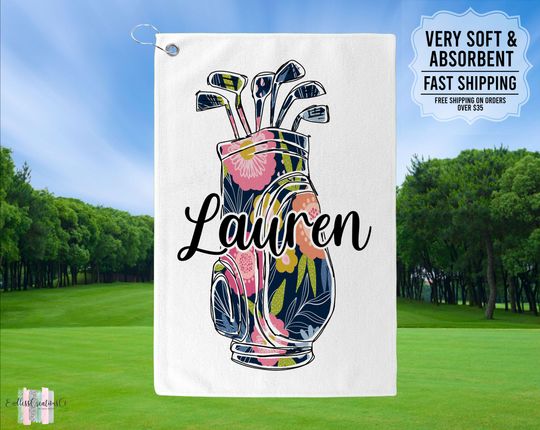 Personalized Navy Blue Floral Golf Bag Towel, Custom Golf Towel For Her, Ladies Golf Towel, Gift For Golfer, Custom Golf Towel, Golf Gifts