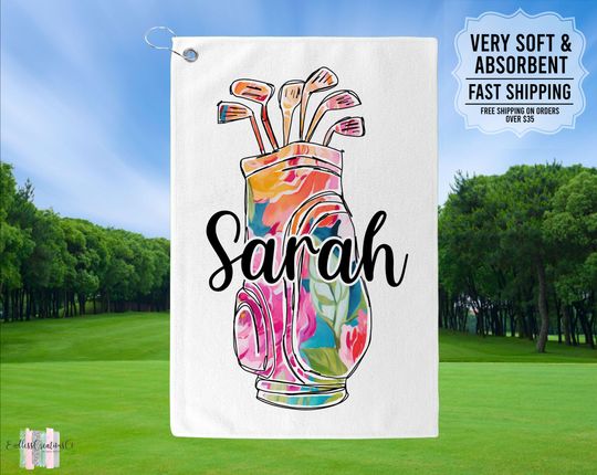 Personalized Watercolor Floral Golf Bag Towel, Custom Golf Towel For Her, Ladies Golf Towel, Gift For Golfer, Custom Golf Towel, Golf Gifts