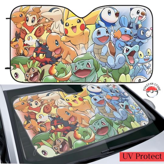 PKM Car Sun Shade | Cute Anime Auto Windshield Cover | Kawaii Cartoon Sunshade | UV Protection Car Accessory | Gift for Anime Fans