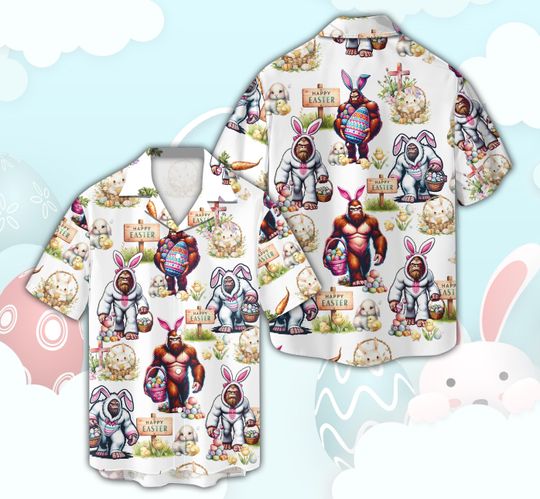 Happy Easter Bigfoot Hawaiian Shirt, Easter Bunny Sasquatch Button Up Shirt Eggs Hunter Bigfoot Shirt Men Women Easter Shirt For Bunny Lover