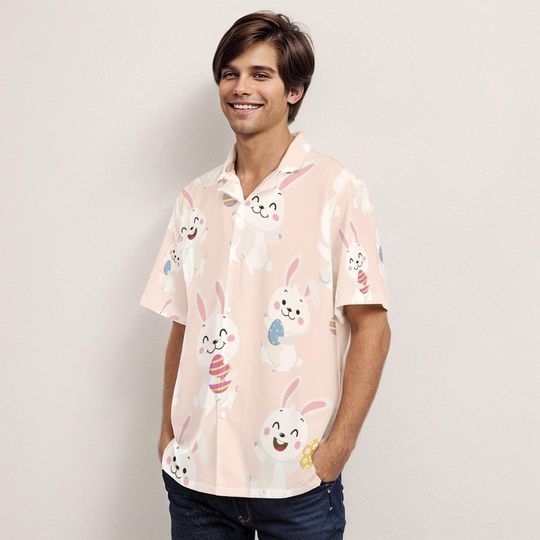 Holiday Easter Easer Rabbits Bunny Holiday White Playful Spring Shirt April March Primavera Shirt Aloha Hawaiians Athletic Hawaiian Shirts