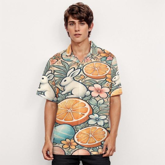 Bunny and Citrus Hawaiian Shirt Playful Tropical Orange Garden Giftful Holiday Men's Hawaiian Shirt Aloha Hawaiians Athletic Hawaiian Shirts