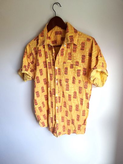 Vintage 1970's Carribean South Pacific Graphic Button Down Shirt / Easter Island / Men's S