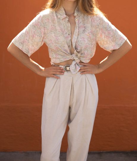 Vintage button up shirt, Oversized eggshell retro blouse, Viscose shirt art print pattern short sleeve button up women men unisex