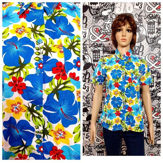 womens shirt hawaiian shirt aloha shirt hibiscus print shirt Rainbow floral shirt flower shirt boho shirt hippie shirts festival shirt M