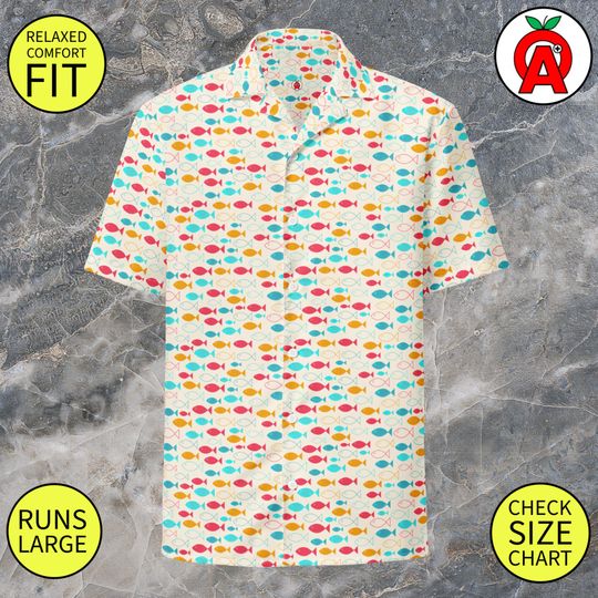 Fish Pattern Button-Up Shirt - Adult Unisex - Gifts for Fishermen Christians Fishing Enthusiasts Christmas Easter Hawaiian