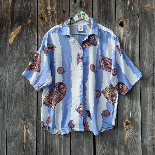 90s Blue blouses womens White Vintage Top Retro Parrots Vacation Clothing Party Oversized Clothes women Viscose shirt L large Sort Sleeve