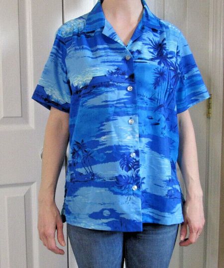 Authentic Hawaiian Shirt, Vintage, Blue Ocean Sail Boat Palm Trees Polyester Mens or Womens Vacation Wear Cruise  size M