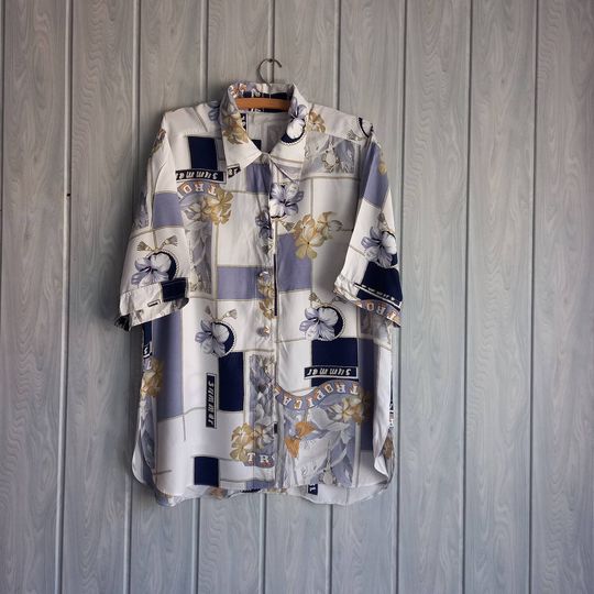 90s Blue blouses womens White Vintage Top Retro Parrots Vacation Clothing Party Oversized Clothes women flowers shirt L large Sort Sleeve