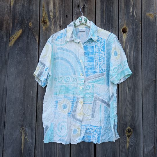 90s White blouses women floral Vintage Blue Top Retro Vacation Clothing Party Oversized Clothes Flowers womens Viscose shirt XL Sort Sleeve