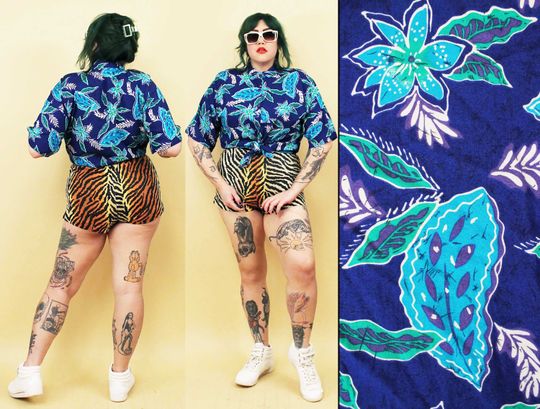 80s Vtg Venezia Lane Bryant Button Up Shirt Collared Rayon Blue Green Tropical Hawaiian Print Women's Plus Size tag 18/20 fits 1X B44" H42"