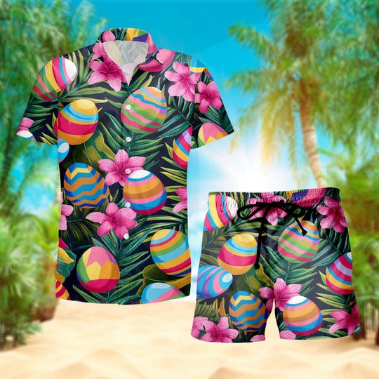 Tropical Floral Easter Egg Beachwear Button Down, Easter Egg Hawaiian Shirt for Men Women, Festive Holiday Clothing, Easter Gifts Idea