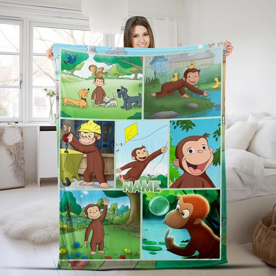 Personalized Curious George Blanket,Curious George Fleece Blanket, Custom Name Baby Blanket, Birthday Gifts for Kids, Christmas Gifts