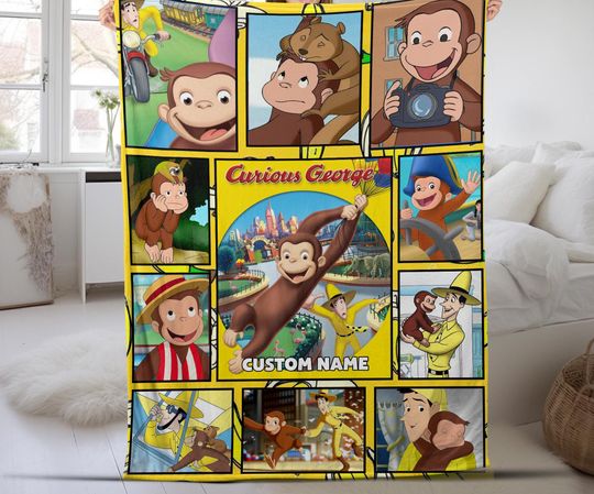 Personalized Curious Quilt George Blanket, Curious George Fleece Blanket,Monkey Disney Blanket,Custom Name,Birthday Gifts for Kid