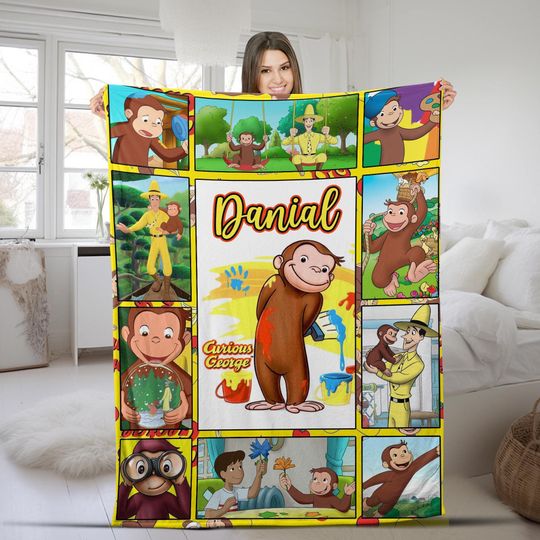 Curious George Blanket, Personalized Curious George Fleece Blanket, Custom Name Blanket, Birthday Gifts, Christmas Gifts
