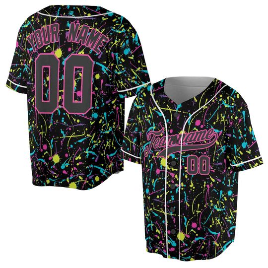 Customize Name, Number, Team Name Colorful Paint Splatter Neon Text Graffiti Kids, Youths, Adults Baseball Jersey