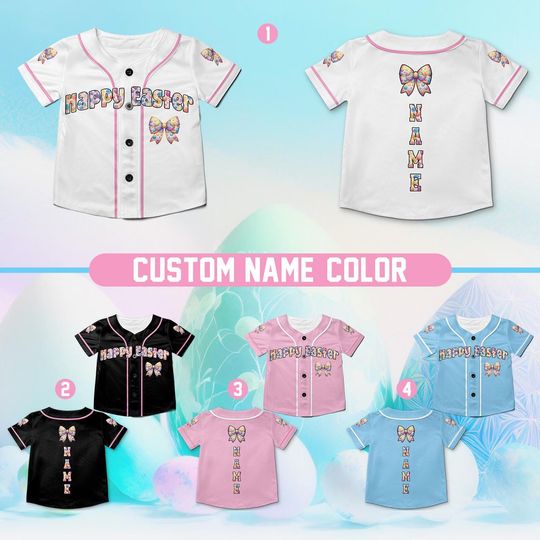 Personalized Happy Easter Baseball Jersey, Custom Name Easter Kids Jersey, Pastel Easter Gift, Coquette Bow Easter Jersey