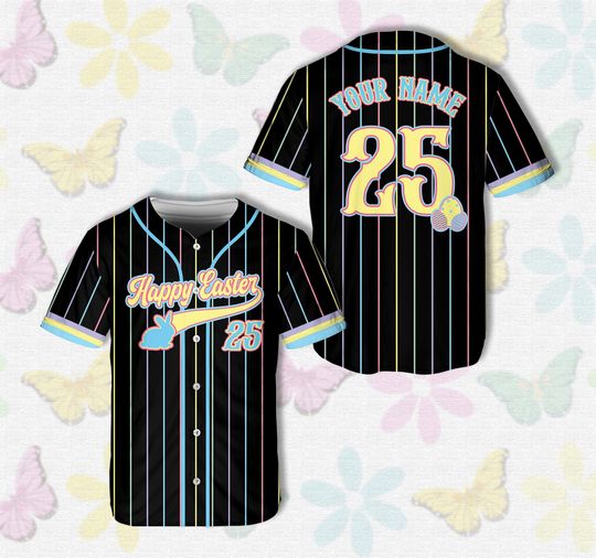 Personalized Name Number Happy Easter Baseball Jersey, Custom Pastel Color Striped Easter Jersey, Easter Family Bunny Shirt, Easter Gift