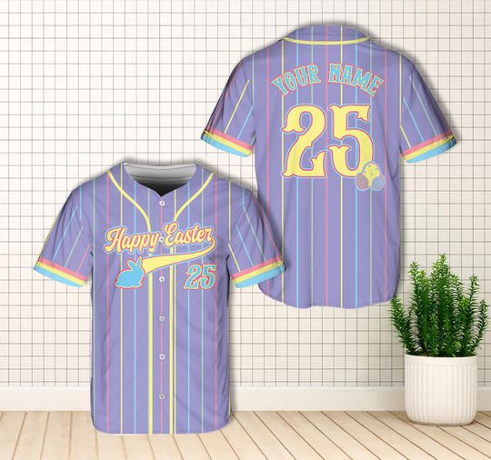 Personalized Name Number Happy Easter Baseball Jersey, Custom Pastel Color Striped Easter Jersey, Family Easter Matching Shirt, Easter Gift