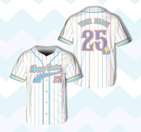 Personalized Name Number Happy Easter Baseball Jersey, Custom Pastel Color Striped Easter Jersey, Family Easter Matching Outfit, Easter Gift