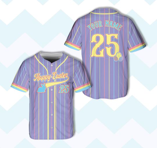 Personalized Name Number Happy Easter Baseball Jersey, Custom Pastel Color Striped Easter Jersey, Family Easter Matching Outfit, Easter Gift