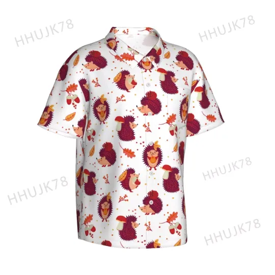 Uemuoo Cartoon Hedgehogs Printed Regular Fit Short Sleeve Casual Hawaiian Shirt