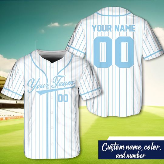 Custom Team Name And Number Baseball Jersey, Personalized T-shirt, Uniform For Baseball Fans, Design White And Light Blue Baseball Jersey