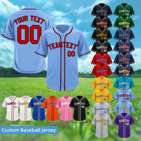Light Blue Baseball Jersey with Red Trim, Custom Arched Team Name and Number, Ideal for Sports Teams, Fans, and Personalized Gifts