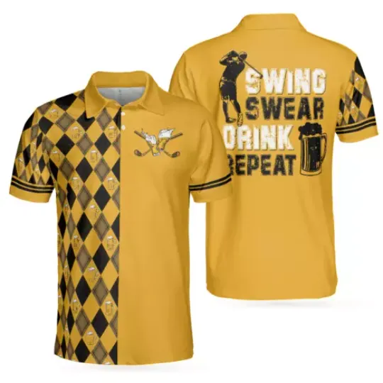 Swing Swear Drink Repeat Polo Shirt, Black And Yellow Argyle Pattern Shirt