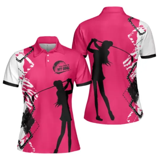 Your Hole Is My Goal Golf Short Sleeve Women Polo Shirt, White And Pink Golf Shirt