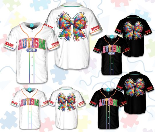 Personalized Coquette Autism Awareness Baseball Jersey, Custom Name Number, Autism Support Squad Baseball Jersey, Autism Mom, Puzzle Bow