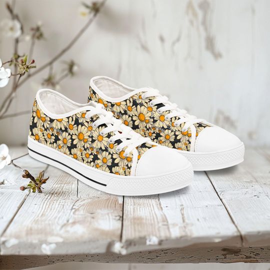 Daisy Low Top Sneakers, Floral Print Women's Shoes, Gift for Daisies Lovers, Grandma Mom Fashion Footwear, Black Sneaker for Women