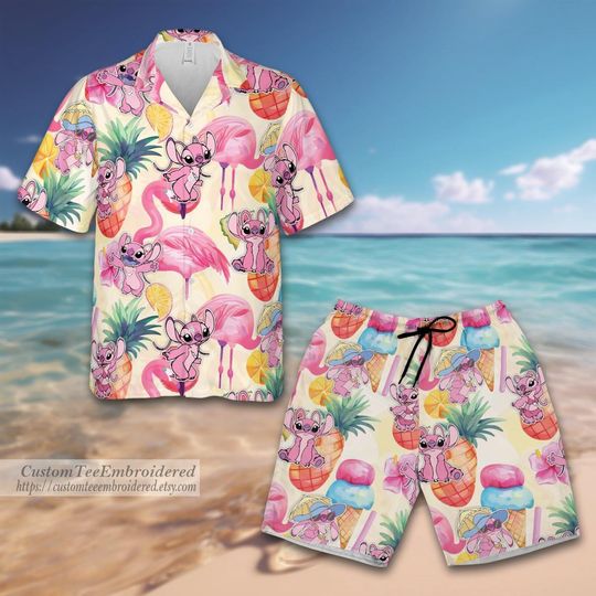 Angel Lilo And Stitch Hawaiian Shirt And Shorts, Stitch Hawaiian Shirt, Stitch Summer Beach Shirt