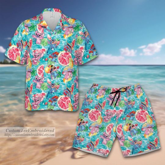 Stitch And Angel Button Shirt And Shorts, Lilo Stitch Hawaiian Shirt, Disney Couple Tropical Shirt, Summer Beach Shirt, Disney Vacation