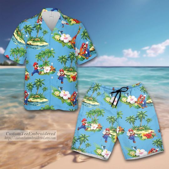 Super Mario Hawaiian Shirt And Shorts , Mario Shirt, Mario Summer Shirts, Mario Hawaii Shirt For Men, Vacation Shirt