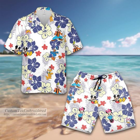 Mouse And Friends Hawaiian Shirt And Shorts , Minnie Mouse Summer Hawaiian, Mouse And Friends Shirt, Family Cruise Matching Shirts