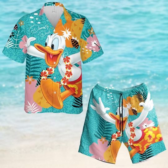 Donald Hawaiian Shirt And Short, Disney Button Shirt, Family Summer Vacation Shirt, Disney Duck Beach Shirt, Magic Kingdom Gift