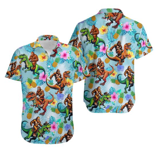 Bigfoot Riding Dinosaur Hawaiian Shirt, Sasquatch Bigfoot Hawaiian Shirt