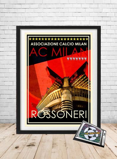 AC MILAN San Siro retro style illustrated print UNFRAMED