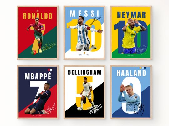 Ronaldo, Messi, Neymar, Mbappe, Bellingham, Haaland  Football Legends Posters for Soccer Wall Art, Gift & Room Decoration
