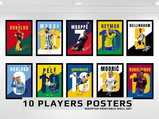 Ronaldo, Messi, Neymar, Mbappe, Bellingham, Haaland, Pele  Football Legends Posters for Soccer Wall Art, Gift & Room Decoration