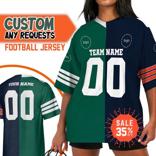 Personalized Any Two Team American Football Jersey Green And Navy, Split Half Uniform Jersey, Custom Logo V-neck Short Sleeve Jersey